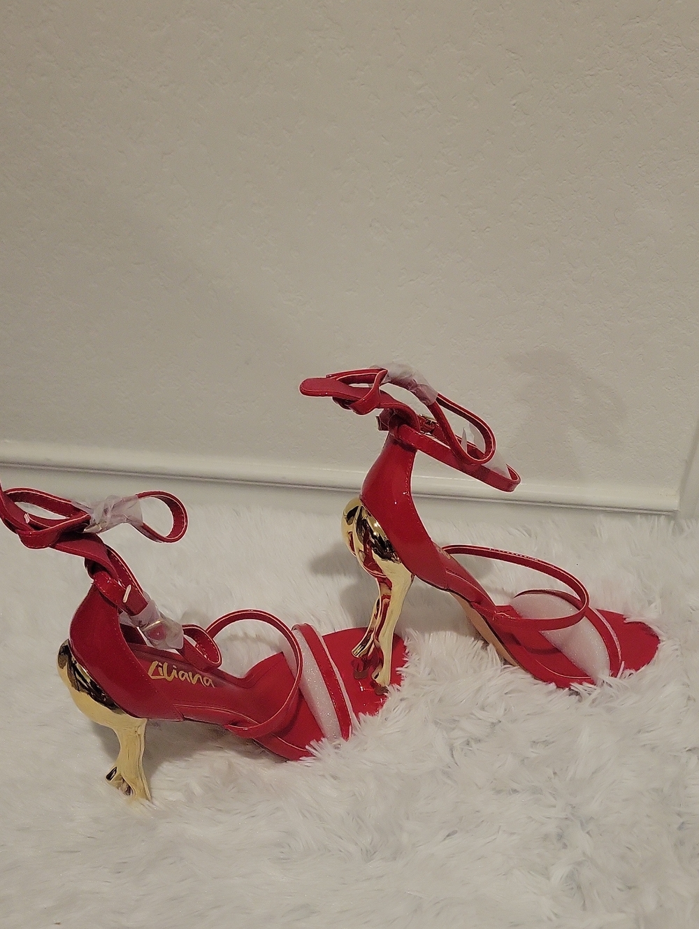 Liliana Red Ankle-Tie High Heels with Gold Sculpted Heel